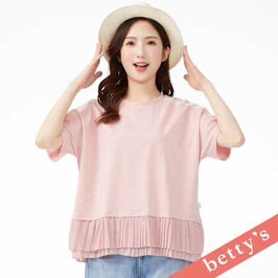 betty’s貝蒂思　下擺壓褶拼接蕾絲肩線T-shirt(粉色)
