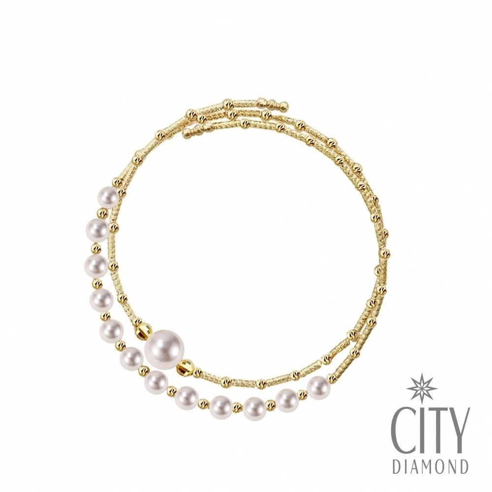 【City Diamond 引雅】18K日本AKOYA珍珠7.5MM/4.5MM黃K金手鐲 開口式手環 手鍊(東京Yuki系列)