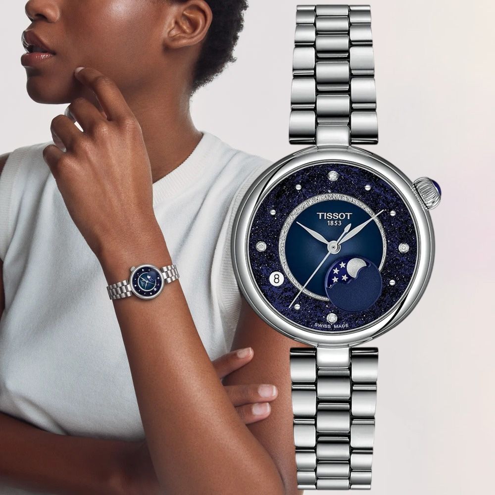 TISSOT 天梭 官方授權 T152.223.11.496.00 Desir系列 輕奢月相鑽石女錶 周年慶獻禮 送禮推薦-午夜藍 T1522231149600