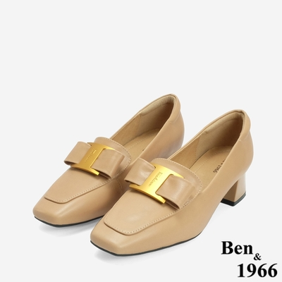 Ben&1966高階羊皮優雅金屬釦飾方頭高跟樂福鞋-駝(246272)