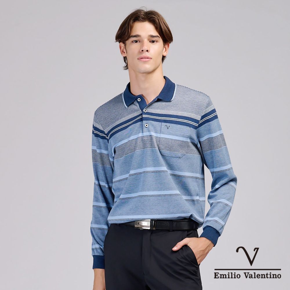 Emilio Valentino范倫鐵諾 男 長袖POLO衫 保暖蓄熱 精梳棉 磨毛 胸前口袋 POLO衫 上衣 藍/灰(15-6V0967)