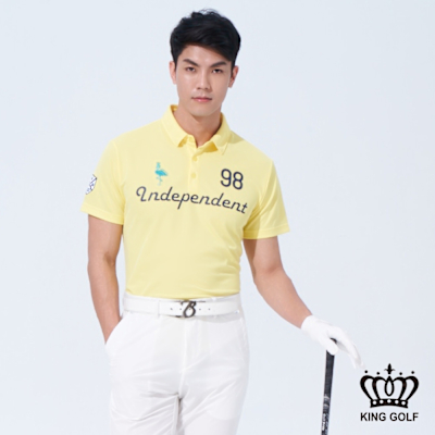 【KING GOLF】網路獨賣款-男款英文字體刺繡徽章造型POLO衫/高爾夫球衫-黃