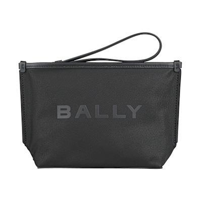 BALLY反光黑字LOGO輕盈尼龍小牛皮飾邊拉鍊手腕包(黑)