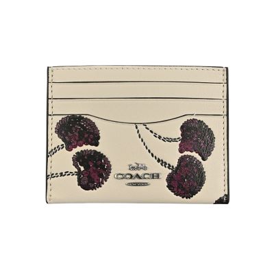 COACH仿刺繡櫻桃皮雕亮粉燙印白堊色素面皮革雙面名片/票卡夾
