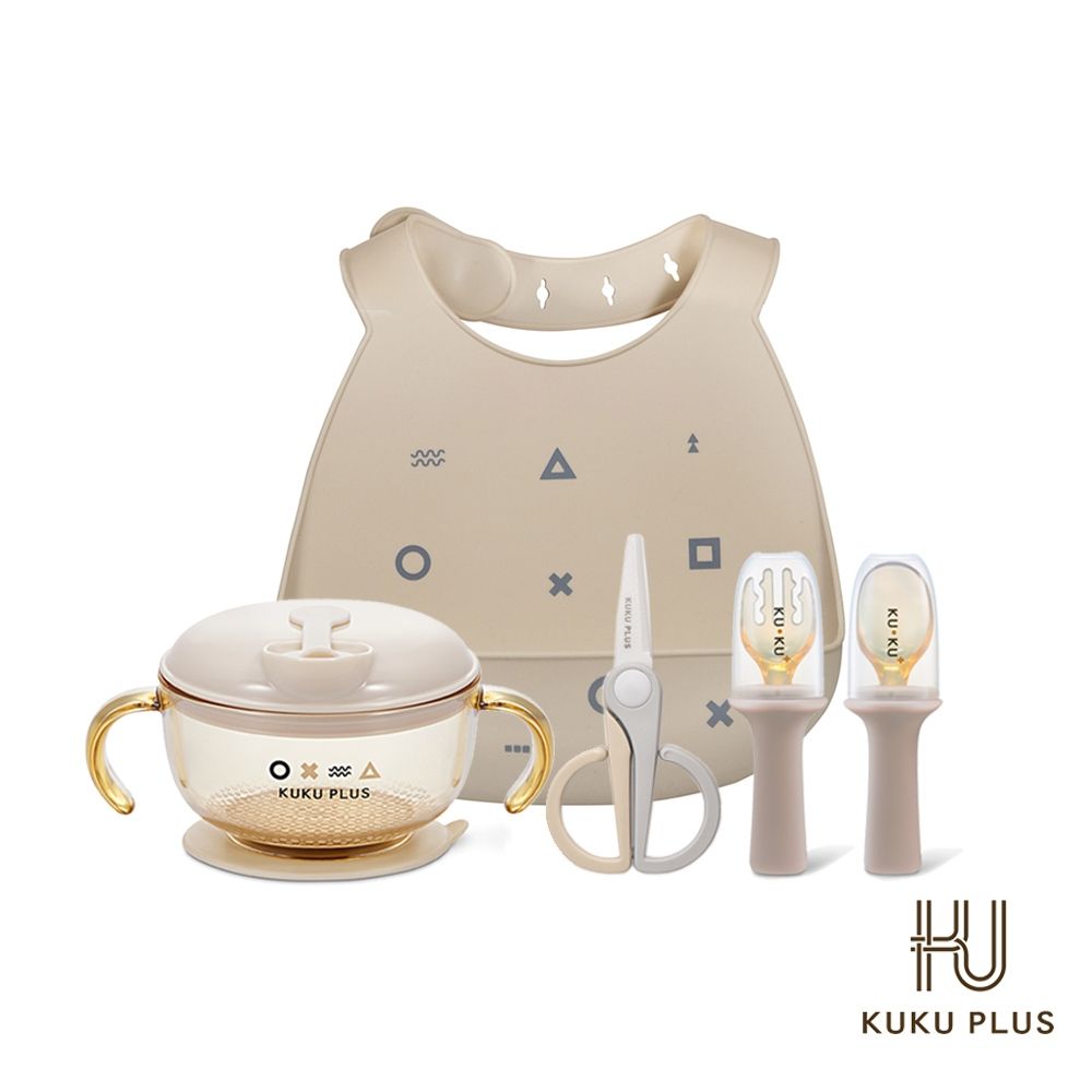 酷咕鴨 KUKU PLUS PPSU寶寶學習餐具必備組合(多功能學習吸盤碗/學習餐具組/矽膠圍兜/陶瓷食物剪)