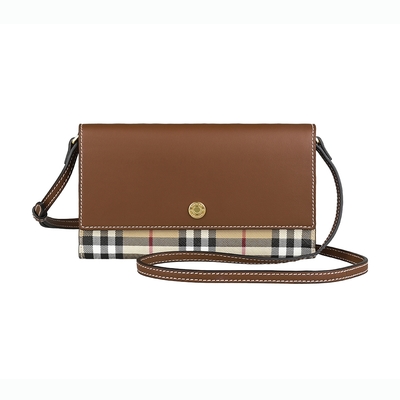 BURBERRY 巴寶莉 Hannah簡約燙印字母LOGO設計小牛皮拼接格紋PVC 12卡釦式斜背包(焦糖棕x米格紋)