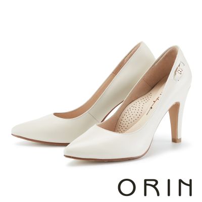 ORIN 俐落小飾釦羊皮尖頭高跟鞋 米色