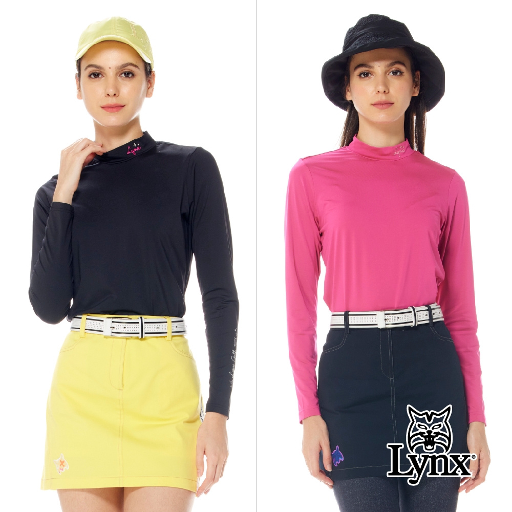 【Lynx Golf】女款保暖抗靜電石墨烯材質袖口印花內搭式長袖POLO衫/高爾夫球衫(二色) (黑色)