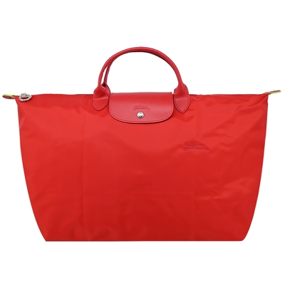 LONGCHAMP LE PLIAGE GREEN系列刺繡短把再生尼龍摺疊旅行袋(大/番茄紅)