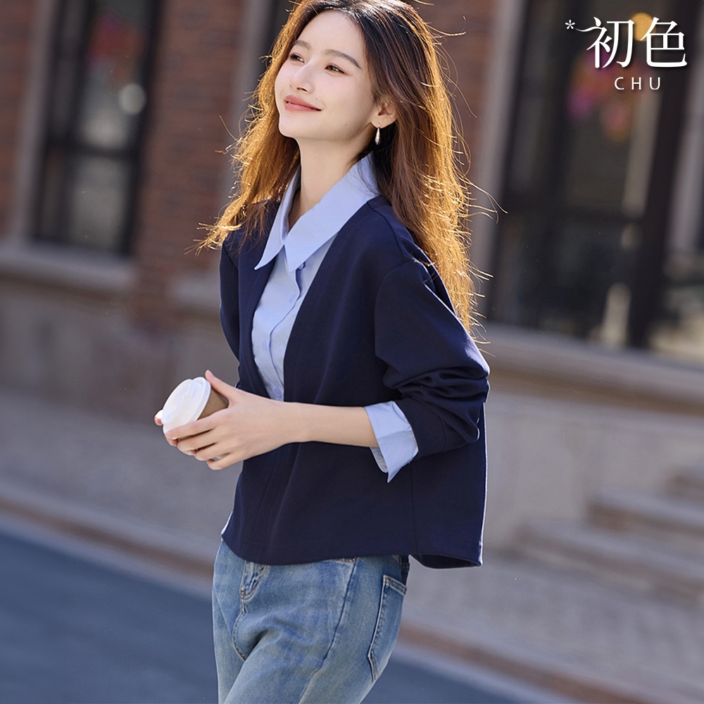 初色 假兩件撞色拼接寬鬆休閒百搭翻領長袖襯衫上衣女上衣裝-藏青色-11251(M-2XL可選)