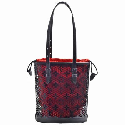 LOUIS VUITTON路易威登 LV M20352 BUCKET系列鏤空Monogram花紋漆面牛皮手提/肩背包(黑/紅色)
