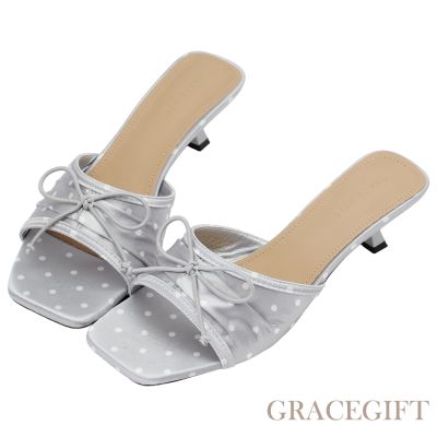 【Grace Gift】復古輕熟波點蝴蝶結細跟拖鞋 灰