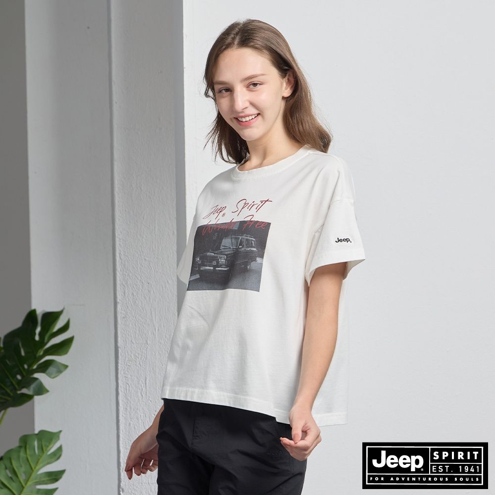 JEEP 女裝 復古吉普車印花短袖T恤-白色