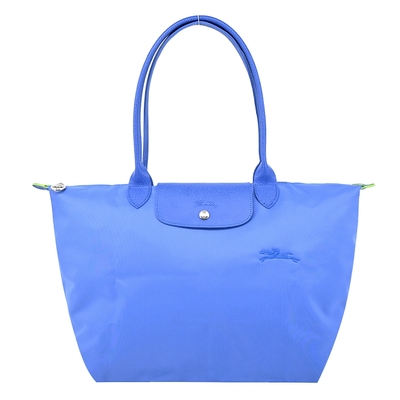 LONGCHAMP LE PLIAGE GREEN系列刺繡長把再生尼龍摺疊水餃包(大/矢車菊藍)