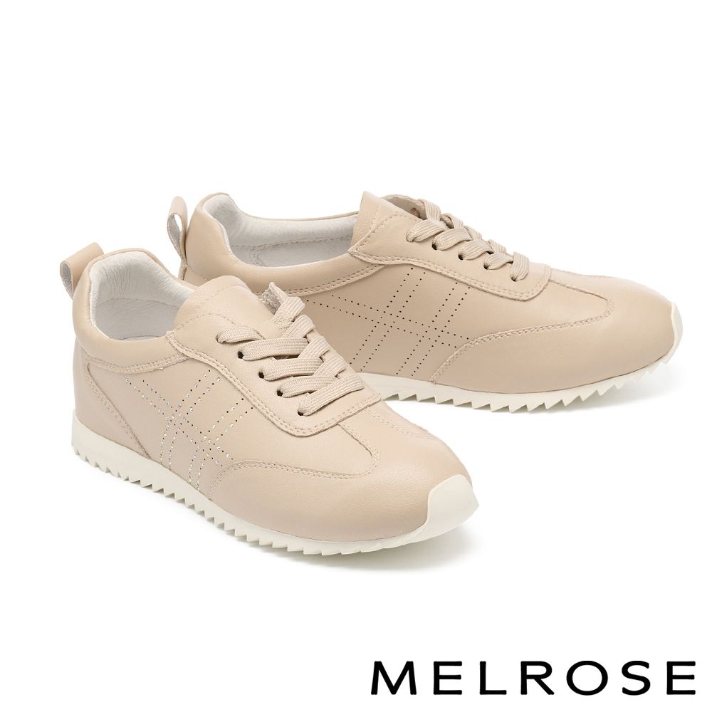 休閒鞋 MELROSE 美樂斯 率性質感晶鑽全真皮綁帶厚底休閒鞋－杏