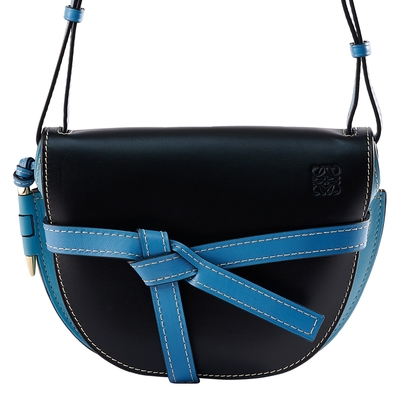LOEWE羅威 Gate SMALL BAG撞色滑面牛皮翻蓋斜背馬鞍包(黑/水藍)