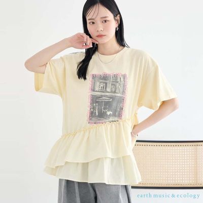 〈earth music〉異素材荷葉層次下擺拼接印花T恤