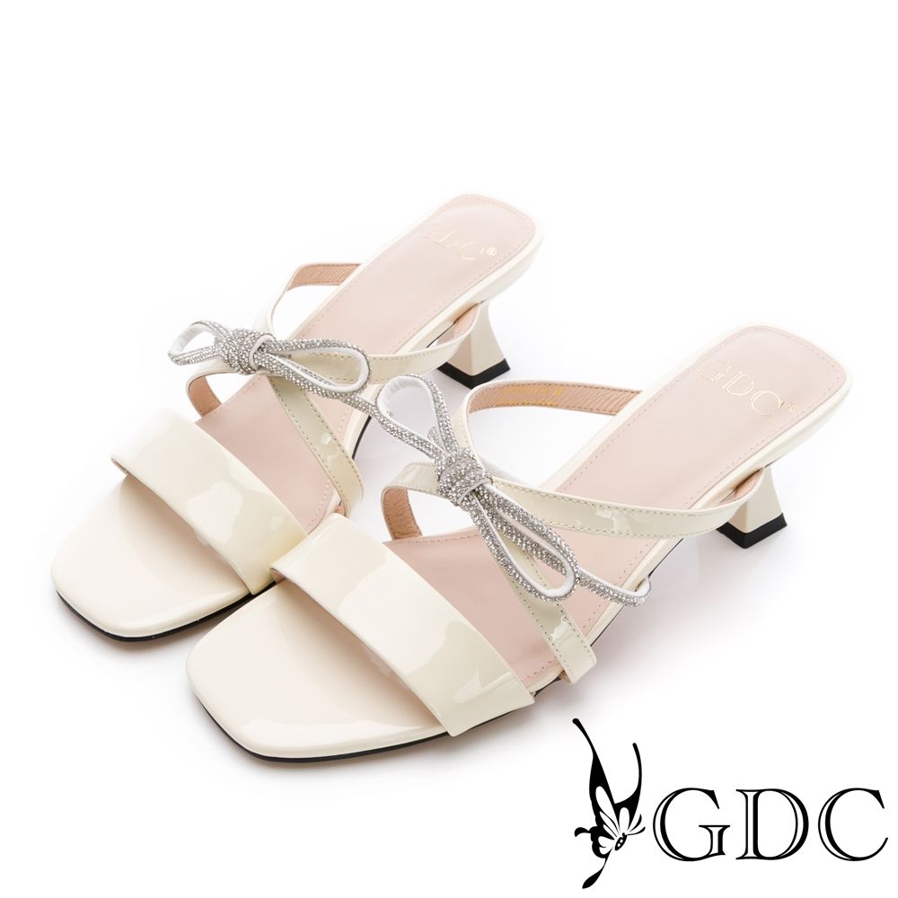 GDC-輕奢閃鑽蝴蝶結造型半拖跟鞋-米白