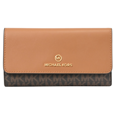 MICHAEL KORS Jet Set Charm 新版金屬LOGO荔枝皮革三折式長夾(深咖/咖)