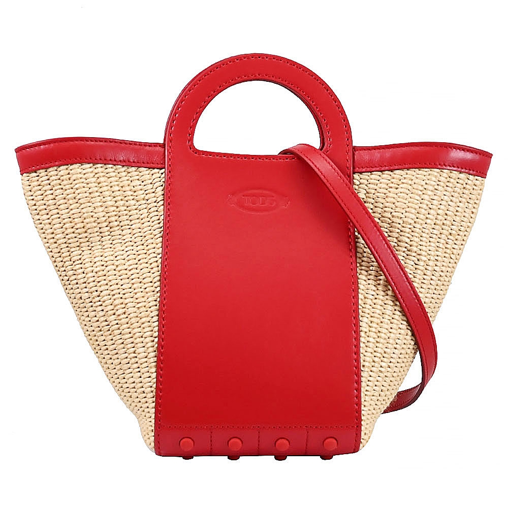 TOD’S 烙印LOGO小牛皮拼接草編手提斜背兩用包(卡其/紅邊)