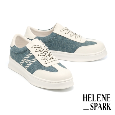 休閒鞋 HELENE SPARK 個性時尚H字電繡異材質綁帶厚底休閒鞋-藍