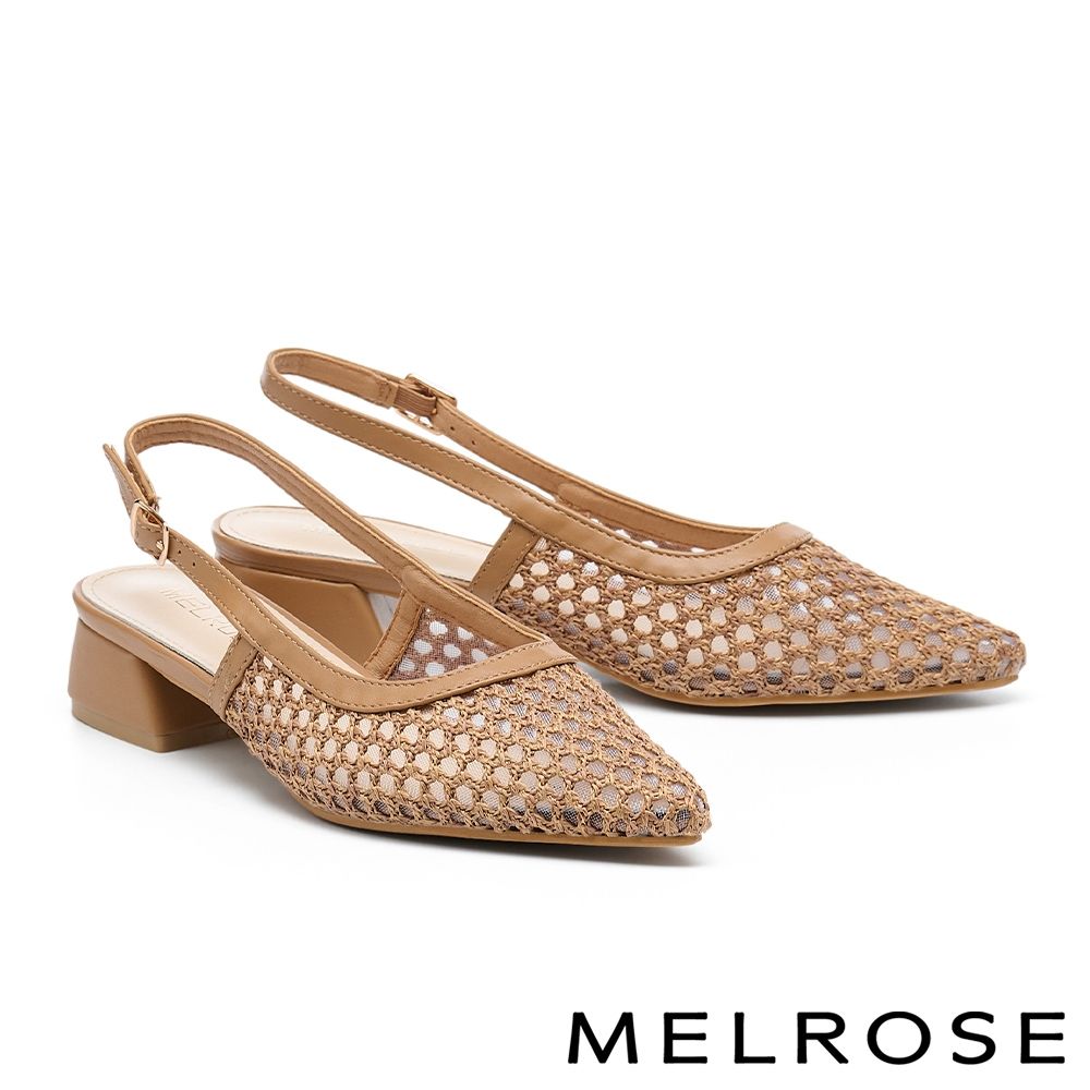 低跟鞋 MELROSE 美樂斯 慵懶度假感編織造型後繫帶尖頭低跟鞋－棕