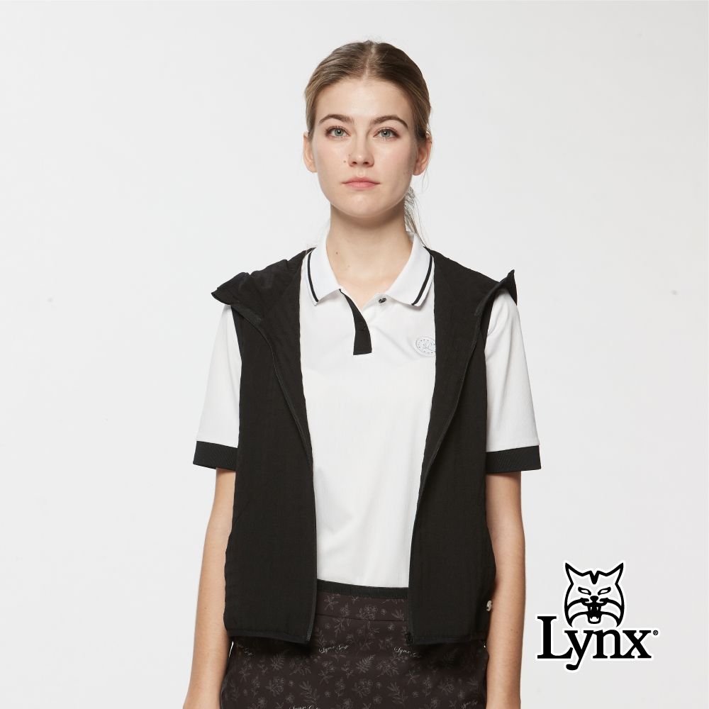 【Lynx Golf】首爾高桿風格！女款泡泡布剪接花草網布連帽背心(二色) (黑色)