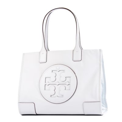 TORY BURCH 專櫃款 ELLA 皮革標尼龍磁吸釦托特包-淡灰藍/小