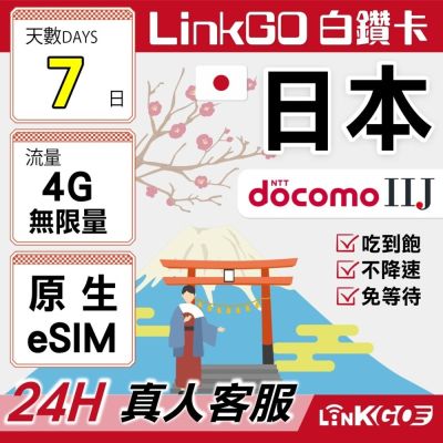 LINKGO白鑽卡 日本原生 eSIM卡 DOCOMO/IIJ 7天吃到飽 不降速(日本網卡 東京 大阪 福岡 北海道 沖繩)