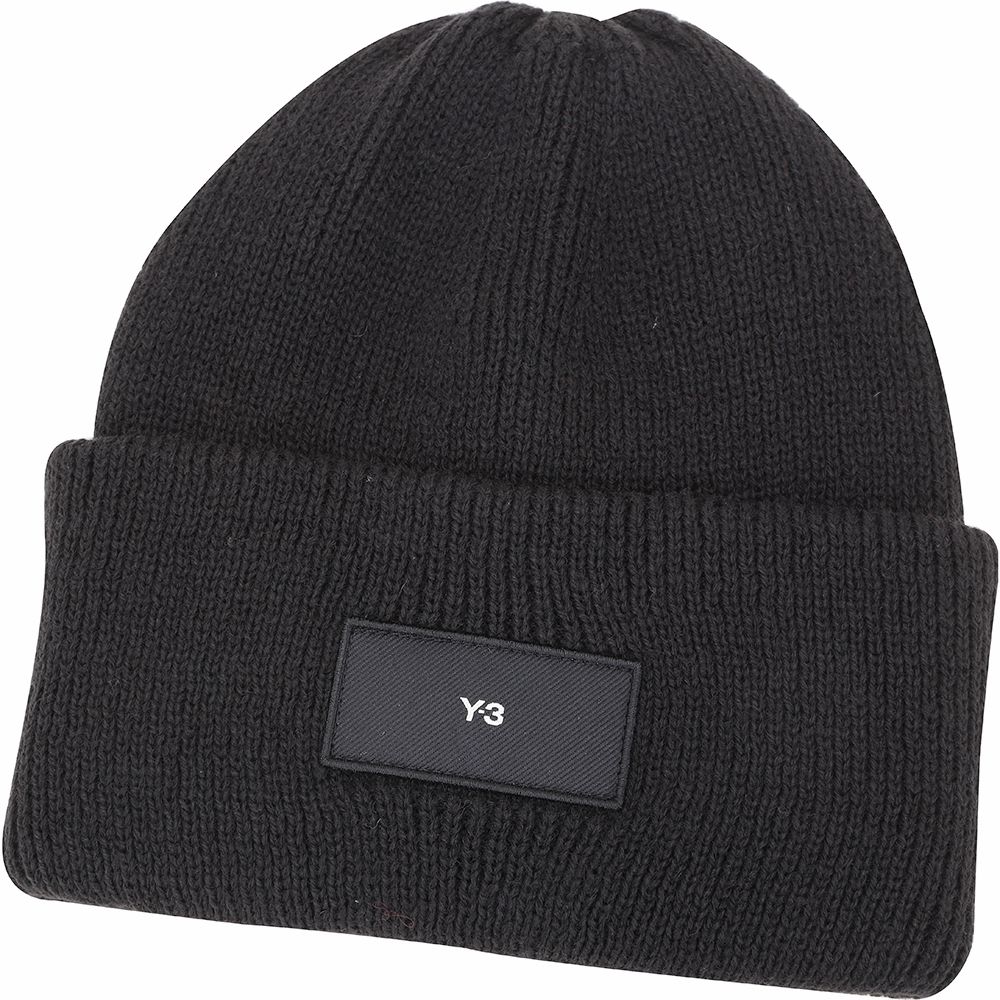 Y-3 字母補釘針織混紡反摺羊毛帽(黑色/中性款)