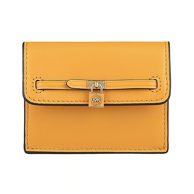 MK MICHAEL KORS Hamilton Legacy圓標字母LOGO鎖頭設計牛皮2卡釦式卡片零錢包(橘黃)