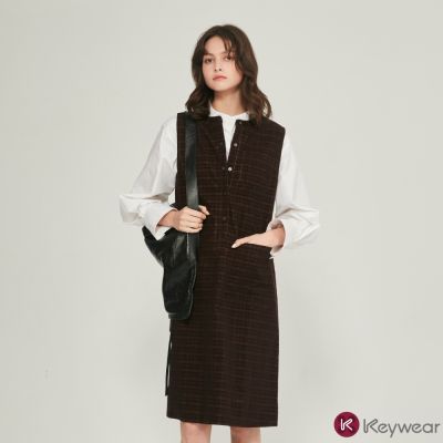 KeyWear奇威名品 復古學院格調無袖洋裝-咖啡色