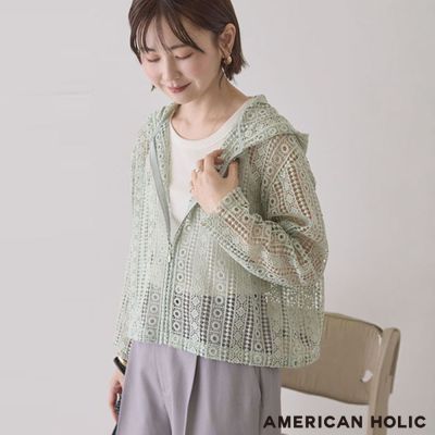 〈AMERICAN HOLIC〉透明幾何蕾絲連帽拉鍊外套