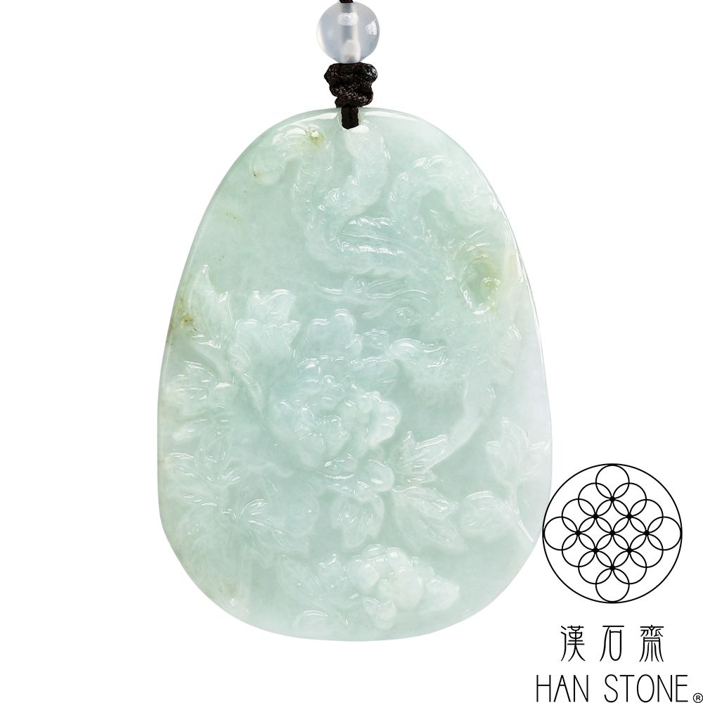 漢石齋】天然翡翠A貨鳳凰牡丹玉佩吊墜飄花種帶黃翡(40*54*6mm) | 漢石