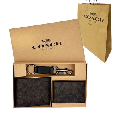 COACH 男款8卡短夾附鑰匙圈活動證件夾禮盒附紙袋(C LOGO-深咖)