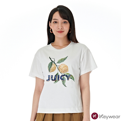 KeyWear奇威名品 檸檬刺繡圖案圓領短袖上衣(共2色)-白色