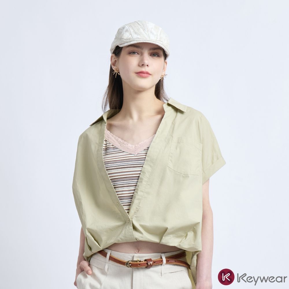 KeyWear奇威名品    清新條紋短袖襯衫兩件式上衣(共2色)-卡其色