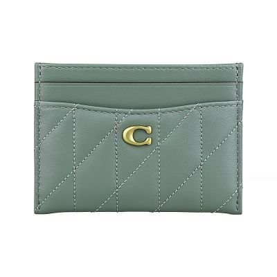 COACH Pillow黃銅C字LOGO納帕皮革浮雕式織紋4卡開口式卡夾(鼠尾草綠)