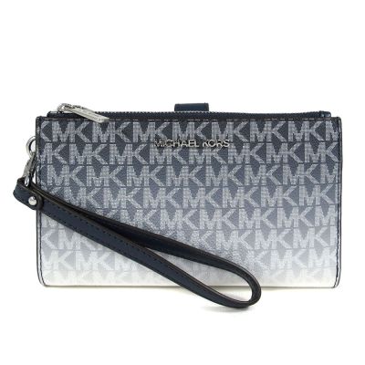 MICHAEL KORS Jet Set Travel 銀字Logo防刮漸層雙層拉鍊手提長夾(海軍藍)