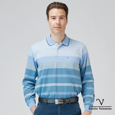 【Emilio Valentino範倫鐵諾】男裝保暖棉質磨毛長袖POLO衫水藍(66-3V7171)
