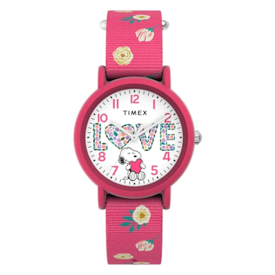 TIMEX 天美時 x Peanuts 34毫米 史努比 擁抱愛 花卉帆布錶帶手錶(粉TXTW2W83200)