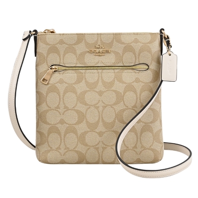 COACH 金屬馬車LOGO印花拉鍊斜背扁包(卡其/白邊)