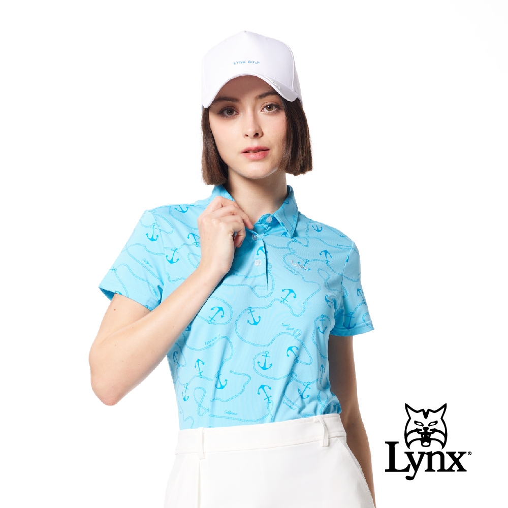 【Lynx Golf】女款吸溼排汗機能滿版海洋風船錨造型Lynx繡花短袖POLO衫/高爾夫球衫-淺藍色 (淺藍色)