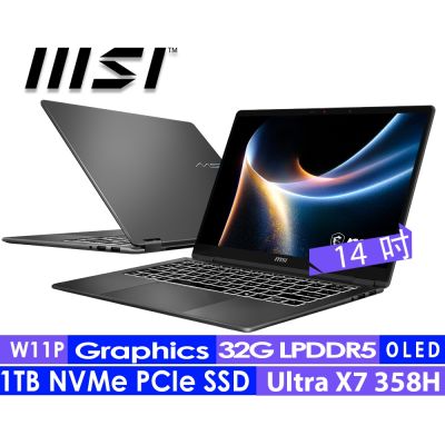 MSI微星 Prestige 14 Flip AI+ D3MTG-033TW 是一款14吋OLED螢幕輕薄筆電，搭載Intel Core Ultra X7 358H處理器與32GB LPDDR5x記憶體，內建1TB固態硬碟，支援Windows 11 Pro作業系統。具備HDMI 2.1與Thunderbolt 4連線埠，無線網路支援Wi-Fi 7與藍芽5.4，適合商務與文書使用。
