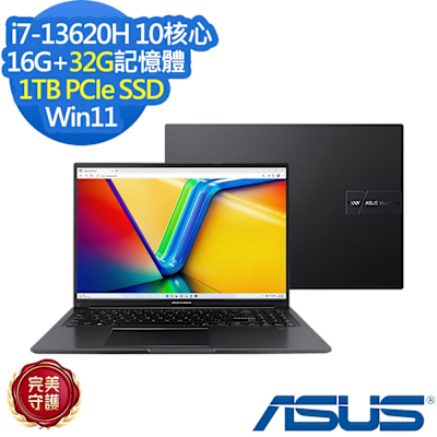 ASUS華碩 ASUS X1605VA 16吋效能筆電(i7-13620H/16G+32G/1TB SSD/Vivobook 16/搖滾黑/特仕版)