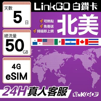 LinkGO白鑽卡 北美 eSIM卡 AT&T/Verizon 5天總流量50GB(北美網絡卡 美國 加拿大 墨西哥)
