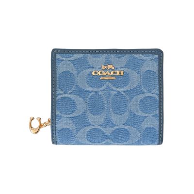 COACH 白/丹寧藍C Logo緹花C字拉鍊袋釦式雙摺短夾