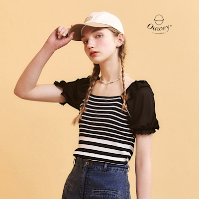 OUWEY歐薇 荷葉雪紡泡袖縲縈針織上衣(黑；S-L)