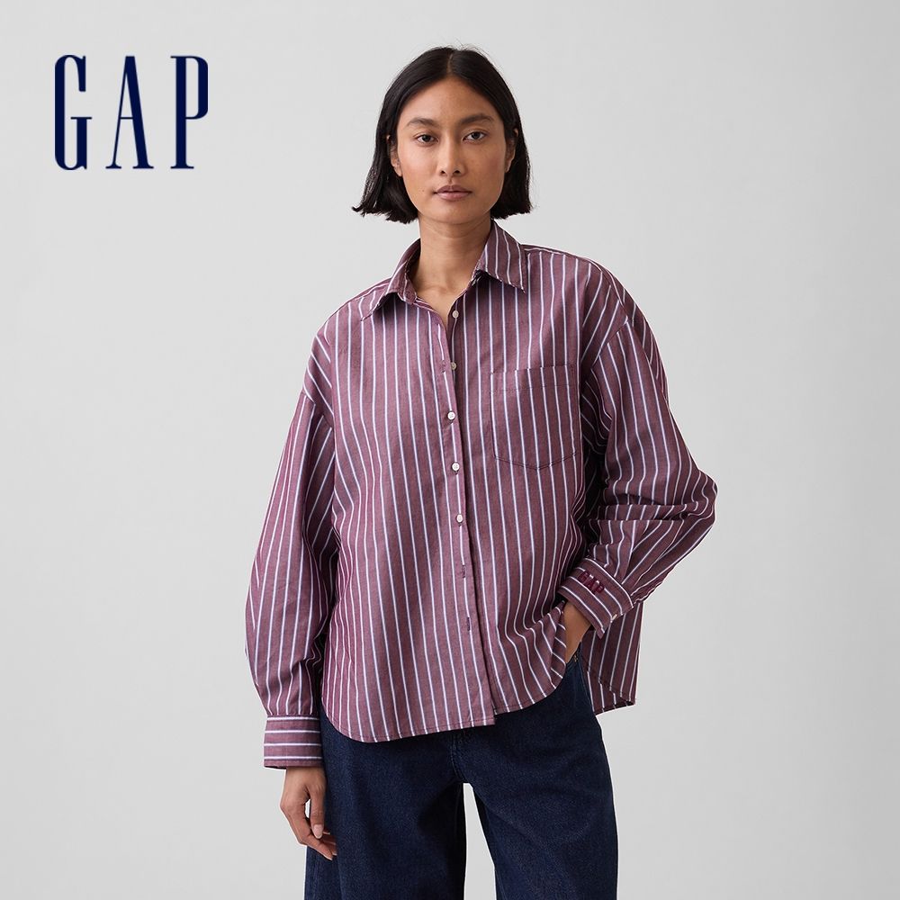 【GAP】府綢寬版襯衫-深酒紅(912045) (深酒紅)