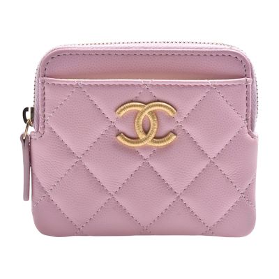 CHANEL 經典線圈紋雙C LOGO菱格紋牛皮拉鍊吐司零錢包(粉紅色)